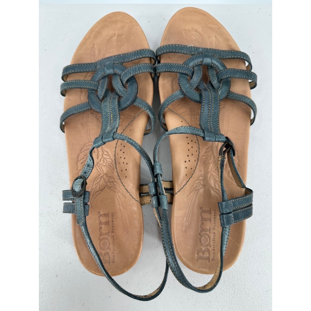 Born Teal Blue Leather Strappy Gladiator Sandals Women 8 M W41820 Flat Boho - Picture 6 of 8
